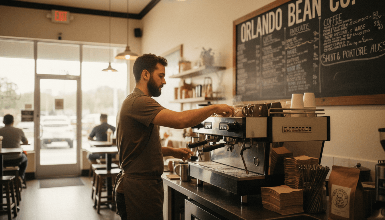 A barista working at a small coffee shop counter