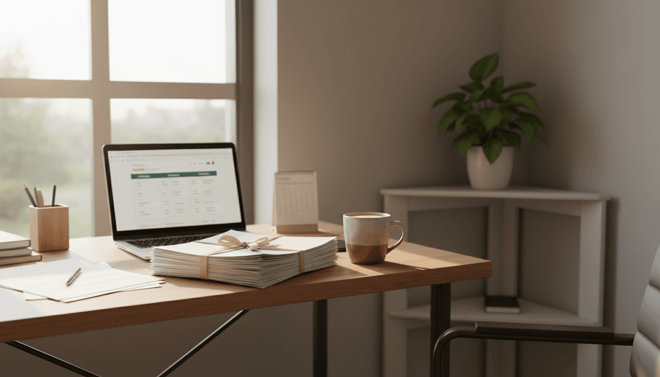 Insurance papers and laptop on a sunlit desk with a coffee mug nearby