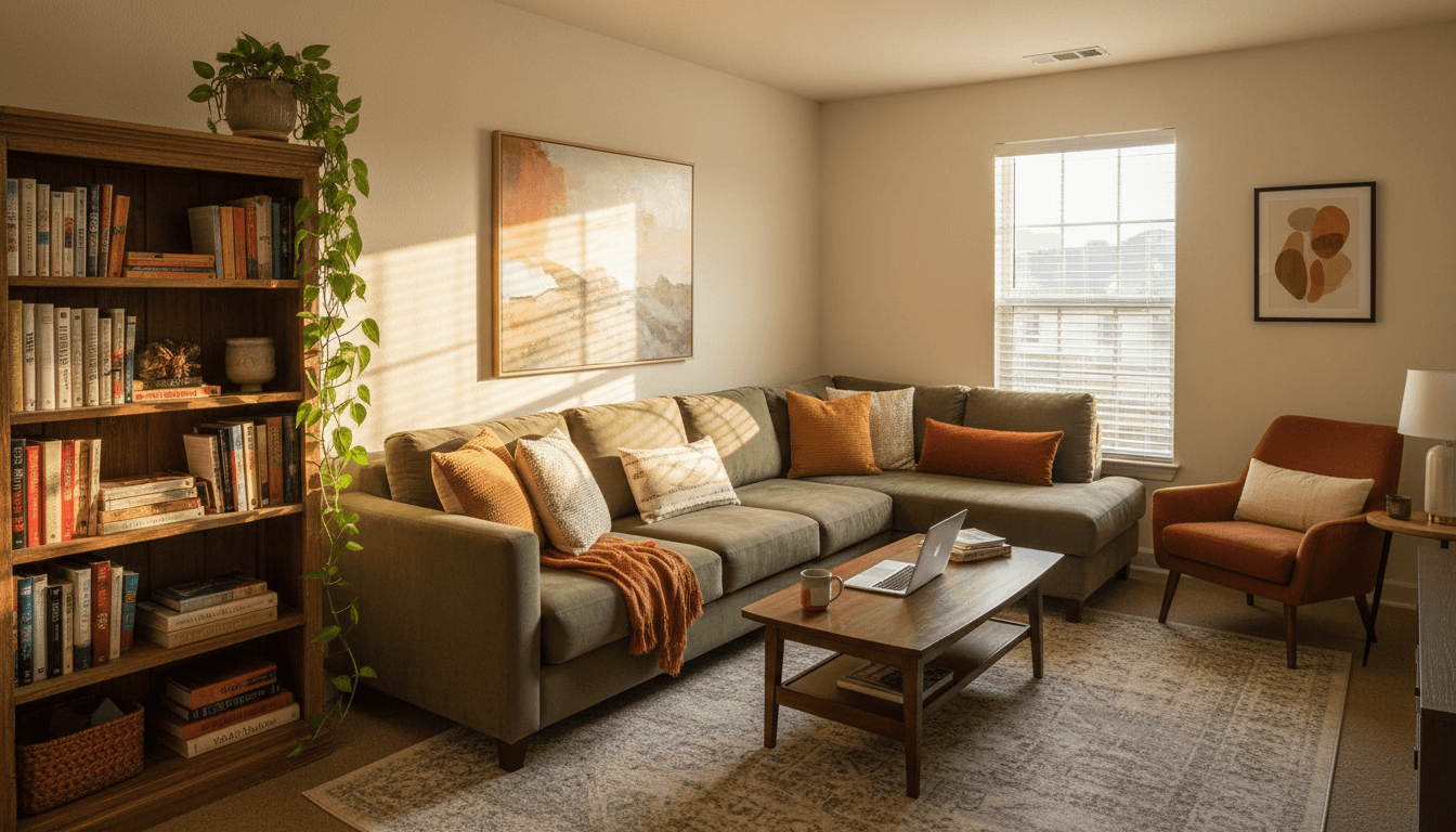 A cozy apartment living room with a couch and bookshelf