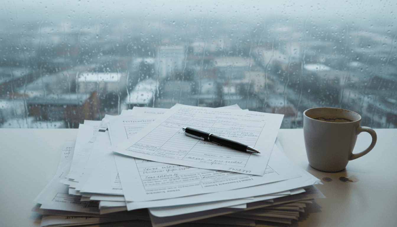 A desk with papers and a coffee mug near a rainy window