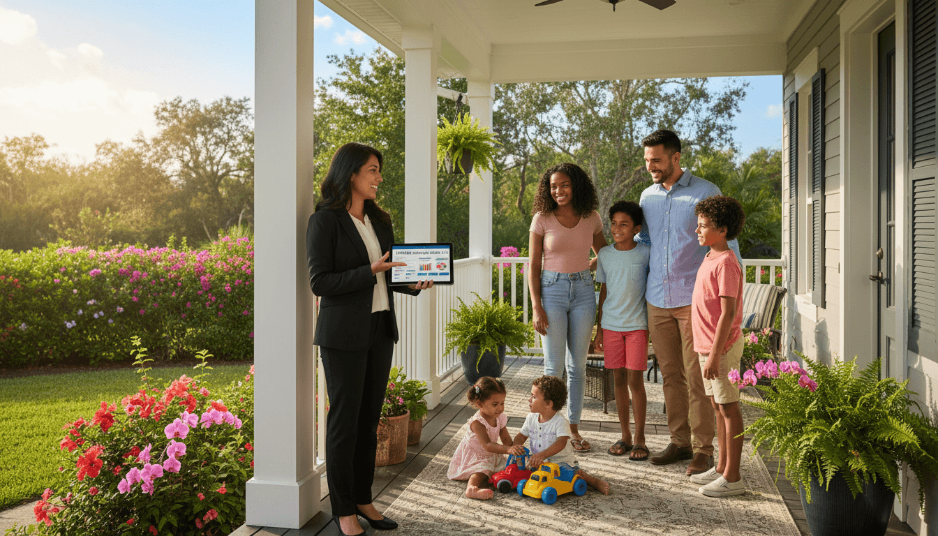 Diverse family with insurance agent on a sunny Florida porch, discussing options on a tablet