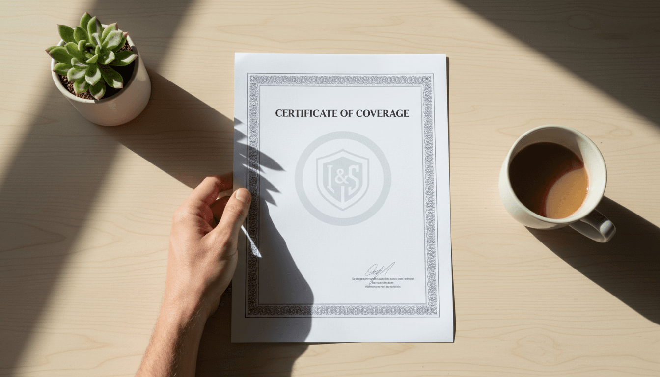 Person holding a printed certificate of insurance on a wooden desk