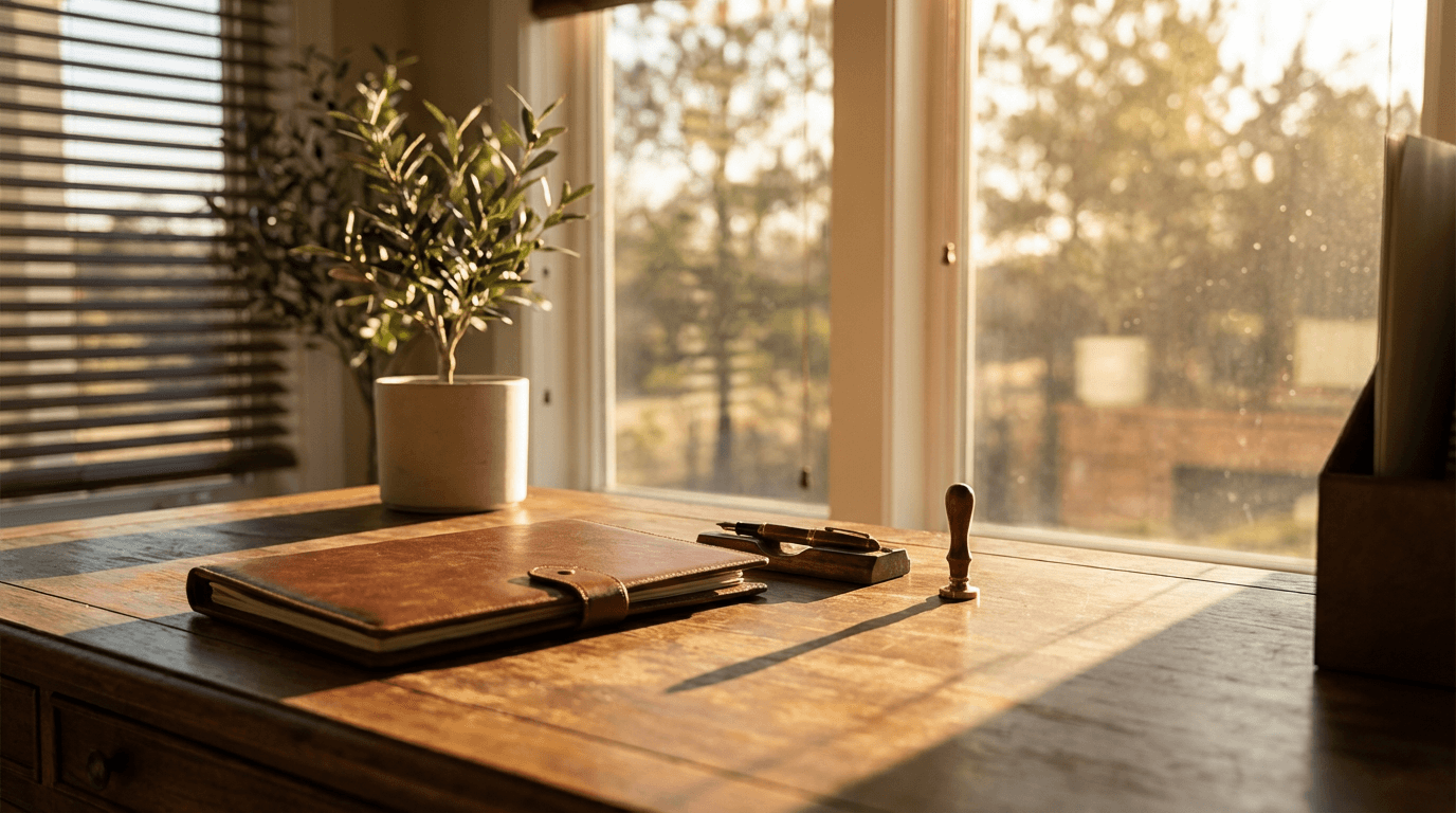 Insurance documents and pen on a wooden desk with a coffee cup