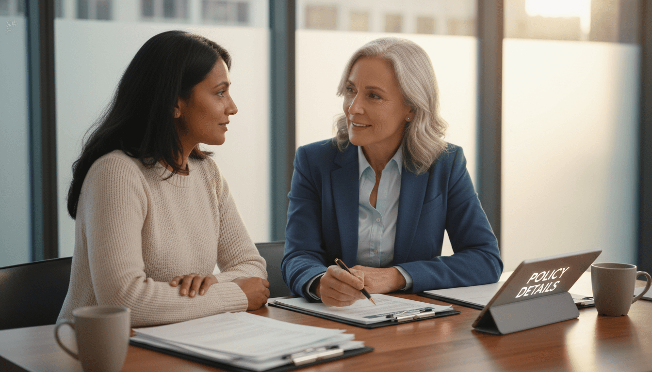 Insurance agent reviewing documents with a couple in a bright, welcoming office