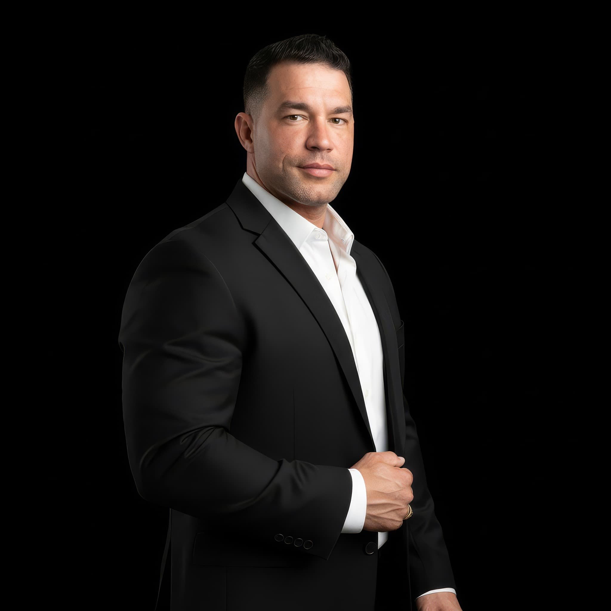 Muscular man in a black suit and white shirt posing against a solid black background.